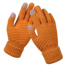 (Orange) 1 Pair Full Finger Solid Color Knit Gloves Fleece Lined High Elastic Touchscreen Unisex