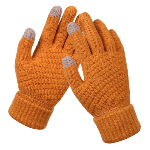 (Orange) 1 Pair Full Finger Solid Color Knit Gloves Fleece Lined High Elastic Touchscreen Unisex
