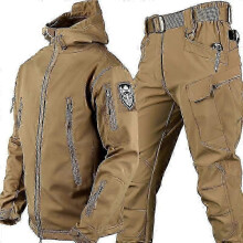 (khaki, M) Men's Camo Shark Skin Soft Shell Jacket & Waterproof Pants Set Outdoor
