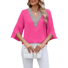 (Barbe powder, S) Robe femme tendance en dentelle, col V, manches 3/4, color block, imprimé floral, blanche, taille XL, SYCHTV