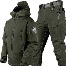 (Army Green, 2XL) Men's Camo Shark Skin Soft Shell Jacket & Waterproof Pants Set Outdoor
