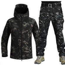 (Night Elf, L) Men's Camo Shark Skin Soft Shell Jacket & Waterproof Pants Set Outdoor