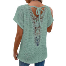 (Sky Blue, M) T-shirts blancs pour femmes, taille XL, semi-transparents, col en V, manches dolman, dos à nouer, dentelle contrastée SYCHTV