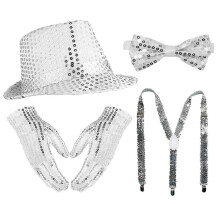 (Set 2) Accessoires de scène années 80/90 pour Halloween, cosplay, danse, star : chapeau, bretelles, nœud papillon, gants (3 à 6 pièces).
