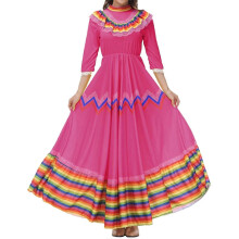 (L, Hot Pink) Robe traditionnelle mexicaine à rayures colorées pour danse folklorique féminine, costume de carnaval, festival et fête.
