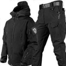 (Black, XL) Men's Camo Shark Skin Soft Shell Jacket & Waterproof Pants Set Outdoor