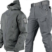 (Gray, XL) Men's Camo Shark Skin Soft Shell Jacket & Waterproof Pants Set Outdoor