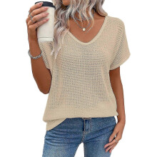 (brown, XXL) T-shirts blancs pour femmes, taille XL, semi-transparents, col en V, manches dolman, dos à nouer, dentelle contrastée SYCHTV