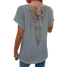 (Gray, L) T-shirts blancs pour femmes, taille XL, semi-transparents, col en V, manches dolman, dos à nouer, dentelle contrastée SYCHTV