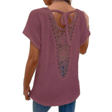 (brick red, L) T-shirts blancs pour femmes, taille XL, semi-transparents, col en V, manches dolman, dos à nouer, dentelle contrastée SYCHTV