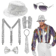 (Set 7) Accessoires de scène années 80/90 pour Halloween, cosplay, danse, star : chapeau, bretelles, nœud papillon, gants (3 à 6 pièces).