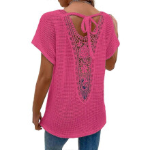 (rose red, M) T-shirts blancs pour femmes, taille XL, semi-transparents, col en V, manches dolman, dos à nouer, dentelle contrastée SYCHTV