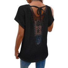 (Black, XXL) T-shirts blancs pour femmes, taille XL, semi-transparents, col en V, manches dolman, dos à nouer, dentelle contrastée SYCHTV
