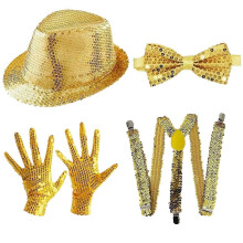 (Set 1) Accessoires de scène années 80/90 pour Halloween, cosplay, danse, star : chapeau, bretelles, nœud papillon, gants (3 à 6 pièces).