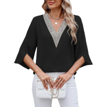 (Black, XL) Robe femme tendance en dentelle, col V, manches 3/4, color block, imprimé floral, blanche, taille XL, SYCHTV