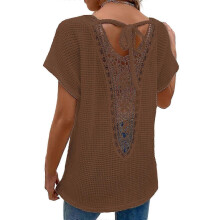 (brown, S) T-shirts blancs pour femmes, taille XL, semi-transparents, col en V, manches dolman, dos à nouer, dentelle contrastée SYCHTV