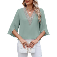 (Bean green, L) Robe femme tendance en dentelle, col V, manches 3/4, color block, imprimé floral, blanche, taille XL, SYCHTV
