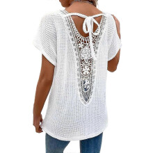 (White, L) T-shirts blancs pour femmes, taille XL, semi-transparents, col en V, manches dolman, dos à nouer, dentelle contrastée SYCHTV