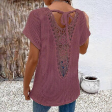 (Gray, M) T-shirts blancs pour femmes, taille XL, semi-transparents, col en V, manches dolman, dos à nouer, dentelle contrastée SYCHTV