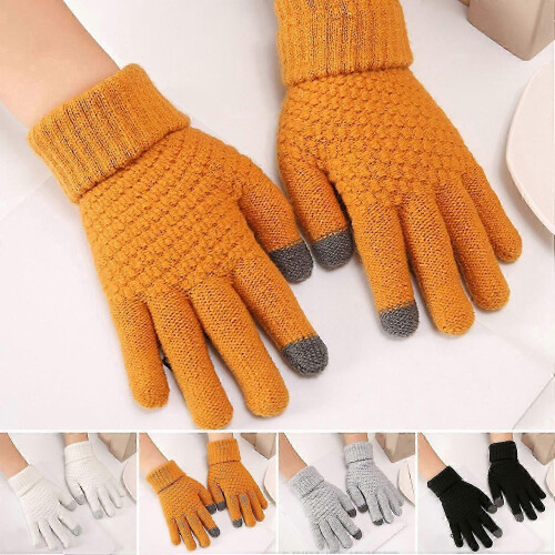 (Black) 1 Pair Full Finger Solid Color Knit Gloves Fleece Lined High Elastic Touchscreen Unisex 1