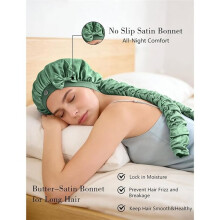 Heatless Curl Satin Bonnet, No Slip Sleep Bonnet with Long Curling Ribbons for Long & Braids Hair for Sleeping Green