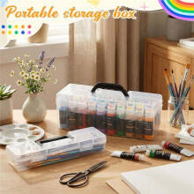 Paint Storage Box with Brush Holder, for 30 Bottles 2 Fl Oz Acrylic Paint Bottles,Transparent for Quick Color Selection