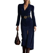 Vestido Tubinho Feminino Refinado com Cinto, Gola Mandarim e Blazer Elegante de Manga Comprida com Decote em V Azul Escuro M