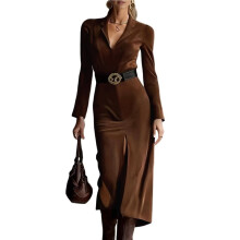 Vestido Tubinho Feminino Refinado com Cinto, Gola Mandarim e Blazer Elegante de Manga Comprida com Decote em V Castanho Escuro M
