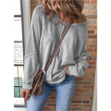 Womens Sweatshirt Oversized Casual Crewneck Long Sleeve Pullover Off the Shoulder Waffle Knit Tops Light Gray M
