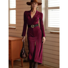 Women Refined Belted Sheath Dress with Mandarin Collar, Long Sleeve Elegant V Neck Blazer Wine Red L