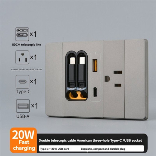 20W USB C Wall Outlet with 2 Retractable Cables & 2  Flush Mount GaNs PD Fast Charging Receptacle A