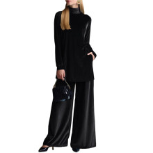 Womens Velvet Pant Suits: Fall Winter 2 Piece Outfits with Turtle Neck Top and Wide Leg Pants Black M
