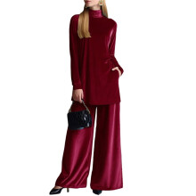 Womens Velvet Pant Suits: Fall Winter 2 Piece Outfits with Turtle Neck Top and Wide Leg Pants Red L