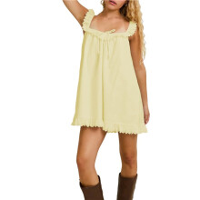 Women Lace Trim Camis Dress Spaghetti Strap Square Neck Short Dress Backless Babydoll Dresses Lemon Yellow S