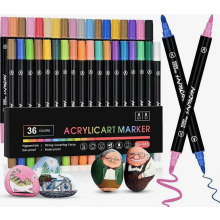Acrylverfmarkers met dubbele punt in 36 kleuren, waterbestendig en geschikt voor steen, hout, glas en keramiek.