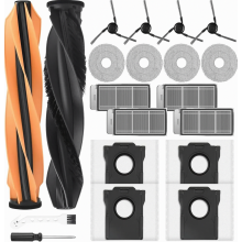 20-delige accessoirekit voor robotstofzuiger met hoofdborstels, stofzakken, dweilpads, filters en zijborstels.