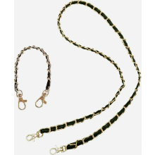 Set van 2 metalen en leren schouderbanden met ketting, 120 cm en 30 cm, goud en zwart.
