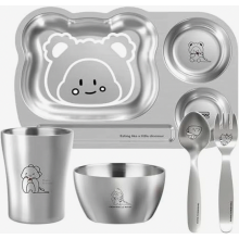 Roestvrijstalen babyservies set, 5-delig herbruikbaar kinderservies met beker, kom, bord, lepel en vork.