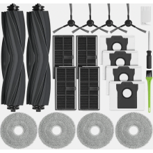 Vervangingsset voor robotstofzuiger met 4 stofzakken, 4 filters, 2 hoofdborstels, 4 dweilpads en 4 zijborstels.