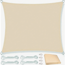 Waterdicht zonnescherm van 4x4 meter, beige, met spantouwen voor balkon en terras, inclusief UV-bescherming en bevestigingstouwen.