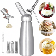 Aluminium slagroomdispenser 500 ml met 3 roestvrijstalen spuitmondjes en reinigingsborstel voor desserts