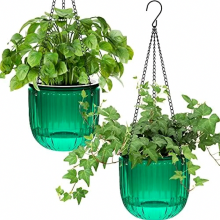 Set van 2 zelfwaterende hangende plantenbakken, 16,5 cm, groene kamerplantenpotten met 3 haken en drainagegaten.