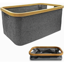 Opvouwbare grijze wasmand van 50 liter met bamboe frame, opvouwbare stoffen opbergmand voor thuis