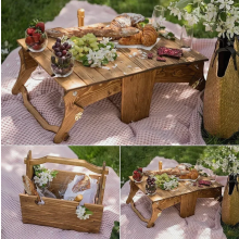 Cesta de picnic plegable de madera, mesa de picnic portátil para vino, ideal para usar al aire libre, en la playa, en el parque o en interio