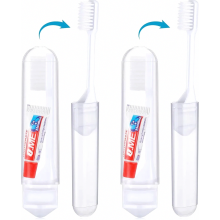 Paquete de 2 cepillos de dientes portátiles plegables de viaje con cerdas suaves y pasta de dientes, color blanco, para niños y adultos.