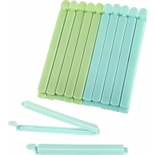 Verpakking van 10 herbruikbare plastic zakclips, 15,3 cm, voor het afsluiten van voedselbewaarverpakkingen en snacks, groen en blauw.