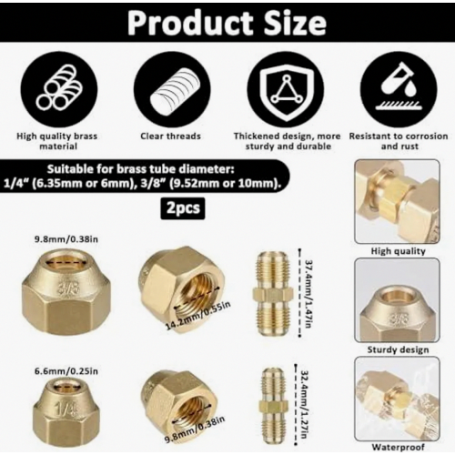 2 Pack 1/4 3/8 Refrigerant Line Coupling Adapter, Weldless Copper Pipe Connector with 3/8 Flare Nut for AC 1