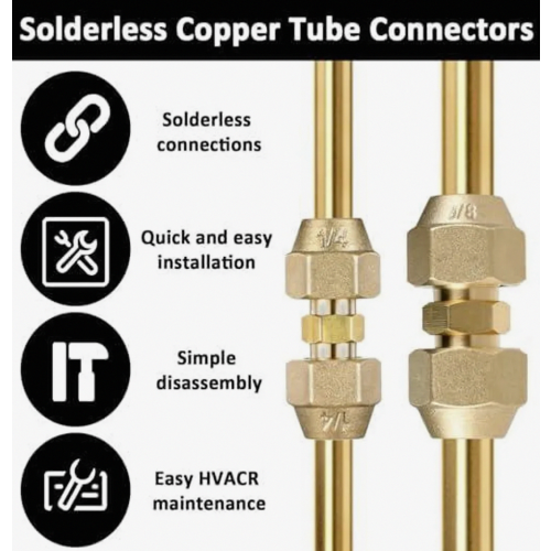 2 Pack 1/4 3/8 Refrigerant Line Coupling Adapter, Weldless Copper Pipe Connector with 3/8 Flare Nut for AC 2
