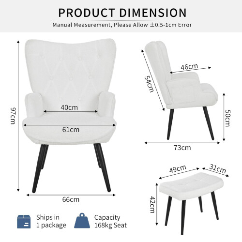 (White) Modern Armchair w/ Footstool, Comfy Fleece 2