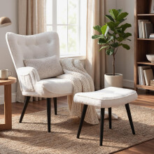 (White) Modern Armchair w/ Footstool, Comfy Fleece